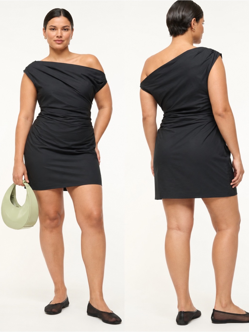 NWT STAUD Phare Mini Dress Black Asymmetric Size 16 Off Shoulder Ruched $325 LBD